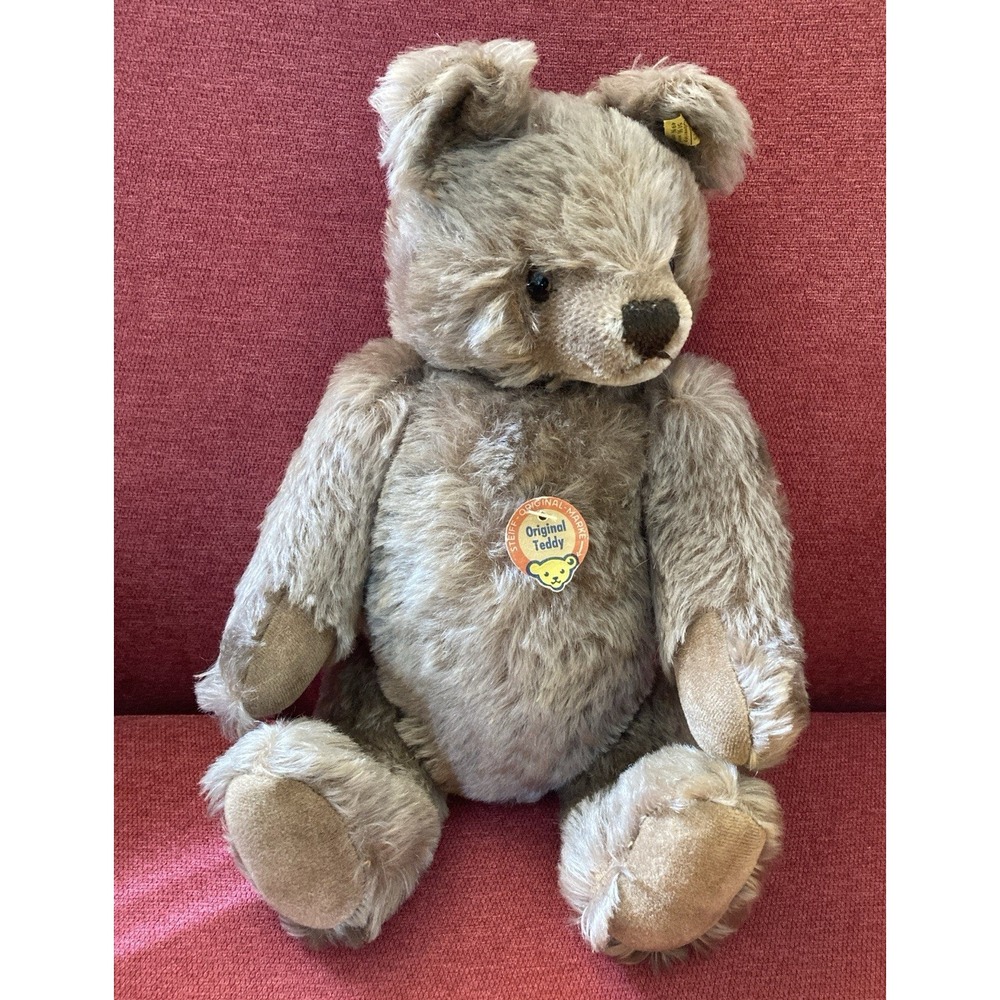 Vintage Steiff Original Teddy brown mohair bear plush hang tag button 202 41 EUC